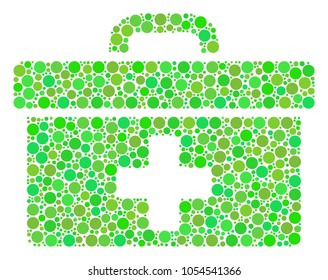 First Aid Toolbox mosaic of circle elements in different sizes and green color tinges. Vector round dots are composed into first aid toolbox collage. Ecology vector illustration.