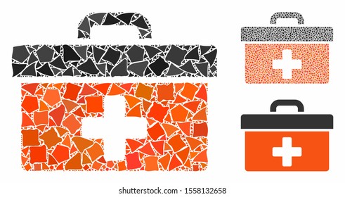 First aid toolbox mosaic of unequal pieces in various sizes and color tints, based on first aid toolbox icon. Vector unequal items are united into collage.