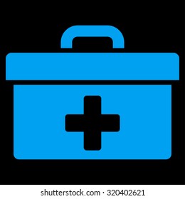 First Aid Toolbox vector icon. Style is flat symbol, blue color, rounded angles, black background.
