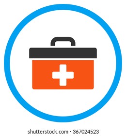 First Aid Toolbox vector icon. Style is flat circled symbol, orange and blue colors, rounded angles, white background.