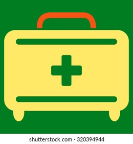 First Aid Toolkit vector icon. Style is bicolor flat symbol, orange and yellow colors, rounded angles, green background.
