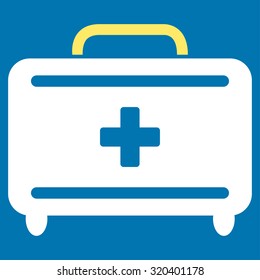 First Aid Toolkit vector icon. Style is bicolor flat symbol, yellow and white colors, rounded angles, blue background.