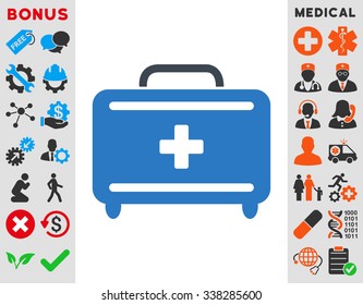 First Aid Toolkit vector icon with bonus. Style is bicolor flat symbol, smooth blue colors, rounded angles, white background.