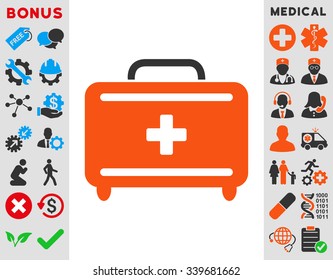 First Aid Toolkit vector icon with bonus. Style is bicolor flat symbol, orange and gray colors, rounded angles, white background.