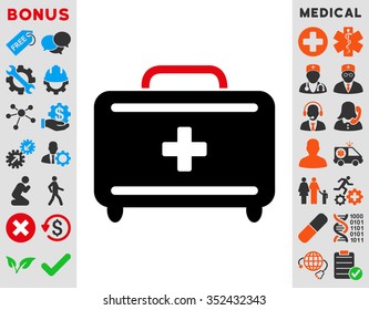 First Aid Toolkit vector icon. Style is bicolor flat symbol, intensive red and black colors, rounded angles, white background.