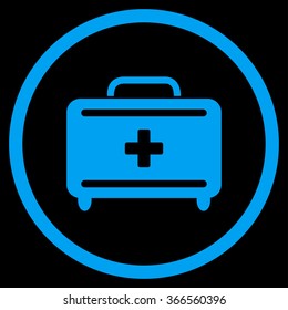 First Aid Toolkit vector icon. Style is flat circled symbol, blue color, rounded angles, black background.