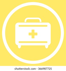 First Aid Toolkit vector icon. Style is flat circled symbol, white color, rounded angles, yellow background.