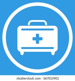 First Aid Toolkit vector icon. Style is flat circled symbol, white color, rounded angles, blue background.