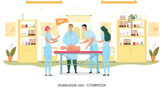 First Aid Training Concept Flat Cartoon Vector Illustration. People Group Learning to Provide Medical Help on Mannequin. Instructor Showing how to Do Heart Massage. Students Watching.