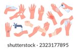 First aid for trauma, infographic set vector illustration. Cartoon isolated broken arms with wound, bruise or bleeding dressing with elastic bandage and band aid, hands apply ice bag and disinfectant