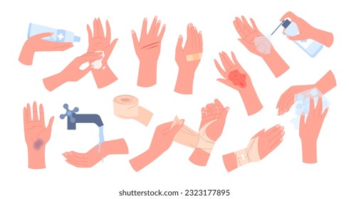 First aid for trauma, infographic set vector illustration. Cartoon isolated broken arms with wound, bruise or bleeding dressing with elastic bandage and band aid, hands apply ice bag and disinfectant