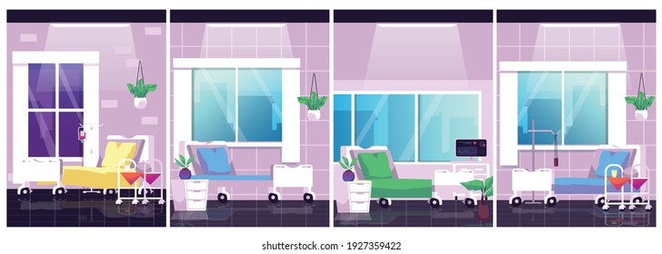 First aid and treating ill patients, hospital beds and different medical equipment in ward room. Concept of medicine and healthcare. Vector flat cartoon illustration.