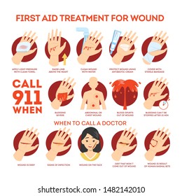 First aid treatment for wound infographic. Hand in blood, bandage on the palm. Bleeding cut, pain in wound. Isolated vector illustration in cartoon style