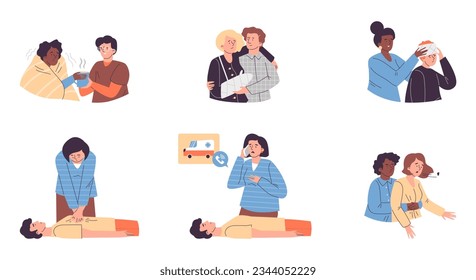 Tratamientos de primeros auxilios, ilustración vectorial plana aislada en fondo blanco. Personas que realizan resucitación RCP o cardiopulmonar, maniobras de Heimlich y llamadas de emergencia.