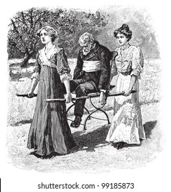 First aid - two Womans carrying an old man with a stretcher / vintage illustration from Die Frau als hausarztin 1911