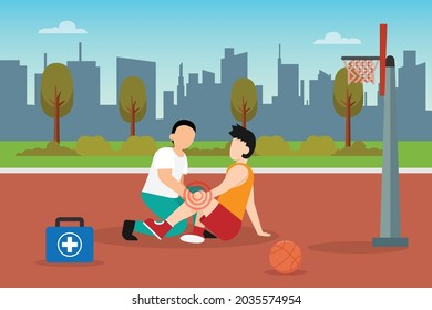 First aid vector concept: Young man gets injury treatment from paramedic while playing basketball in basket field