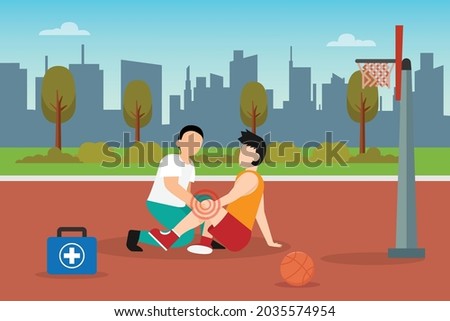 First aid vector concept: Young man gets injury treatment from paramedic while playing basketball in basket field