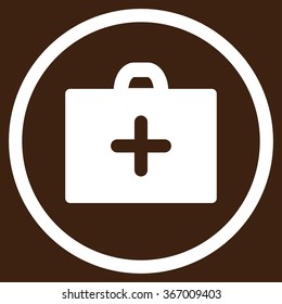 First Aid vector icon. Style is flat circled symbol, white color, rounded angles, brown background.