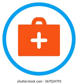 First Aid vector icon. Style is flat circled symbol, orange and blue colors, rounded angles, white background.