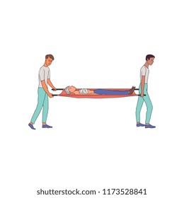 First aid vector illustration - medical specialists carry sick person with bandages on stretchers isolated on white background in sketch style. Hand drawn male nurses help man with injury.