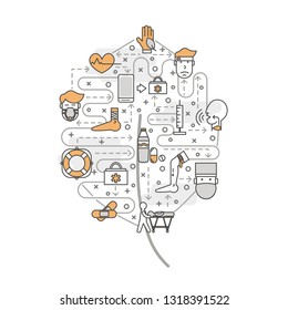 First aid vector poster banner template. Head and leg injuries, hospital stretcher, first aid kit, medication etc. in the shape of tree leaf. Rescue, emergency help thin line flat icons for web, print