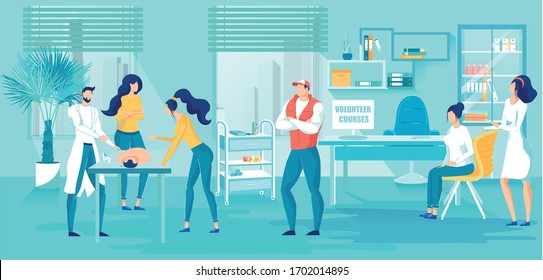 First Aid Volunteer Courses Vector Illustration. Cartoon People in Hospital Room. Doctor Teaching Indirect Heart Massage on Dummy. Instructor Training Cardiopulmonary Resuscitation.