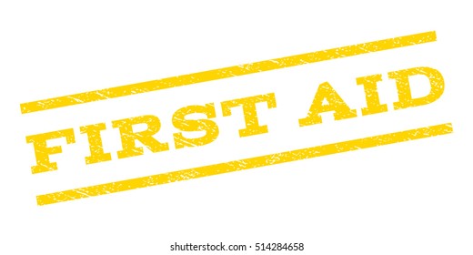 First Aid watermark stamp. Text tag between parallel lines with grunge design style. Rubber seal stamp with unclean texture. Vector yellow color ink imprint on a white background.