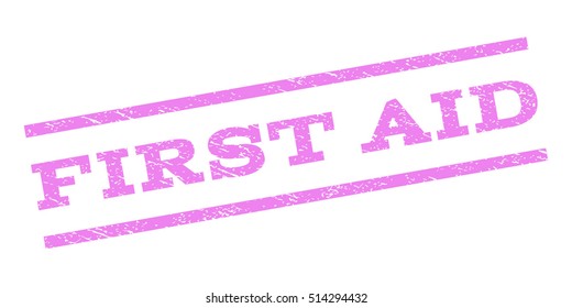 First Aid watermark stamp. Text tag between parallel lines with grunge design style. Rubber seal stamp with scratched texture. Vector violet color ink imprint on a white background.