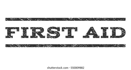 First Aid watermark stamp. Text caption between horizontal parallel lines with grunge design style. Rubber seal gray stamp with scratched texture. Vector ink imprint on a white background.