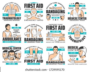 First aid and wound bandaging vector icons. Accident injury emergency ward and trauma ambulance service. Traumatology first aid medical center, arm and leg head and shoulder fracture symbols svg