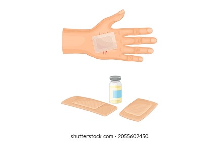 First aid for wound. Medical patch plastered on palm vector illustration