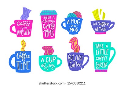 First always Coffee time cup joy break color quote lettering. Calligraphy inspiration graphic design typography element Hand written postcard Cute simple vector sign paper cutout letters style print