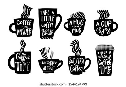 First always Coffee time cup joy break color quote lettering. Calligraphy inspiration graphic design typography element Hand written postcard Cute simple vector sign paper cutout letters style print
