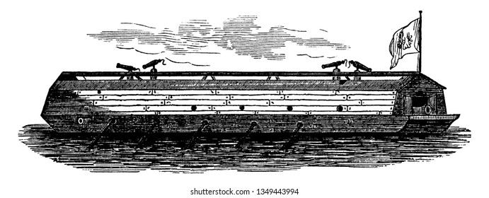 The First American Floating Battery was seen in the Charles River at Boston in October 1775, vintage line drawing or engraving illustration. svg