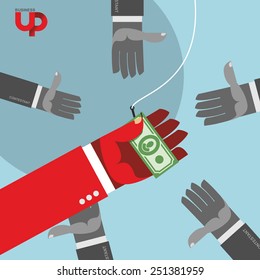 first among competitors. Money on hook. hand is holding dollar. Hands are drawn to cash. Business illustration. 