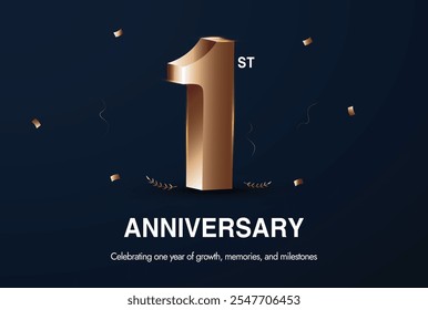 First anniversary. 1st Anniversary celebration banner  with 3D number: 1 in bronze colour. First Years of growth, memories celebration banner for couples, business. Confetti with dark blue background.