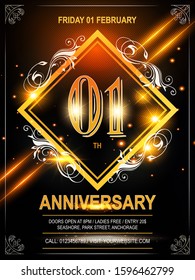 First Anniversary celebration. Golden number 1 with frame, glitters, floral ornament EPS 10 vector.  vector file.