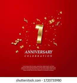 First Anniversary celebration. Golden number 1 with sparkling confetti, stars, glitters and streamer ribbons on red background. Vector festive illustration. Birthday or wedding party event decoration