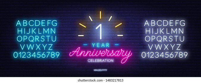 First anniversary celebration neon sign on dark background. Neon alphabet . Template for invitation or greeting card.