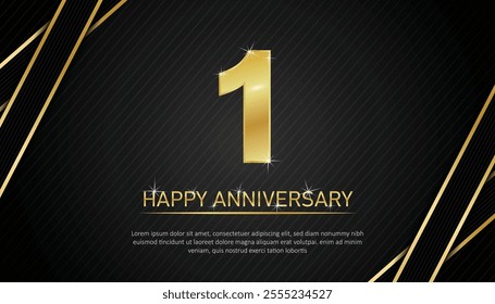 First anniversary celebration on black background. anniversary vector template. golden number. happy anniversary. birthday or wedding party event decoration