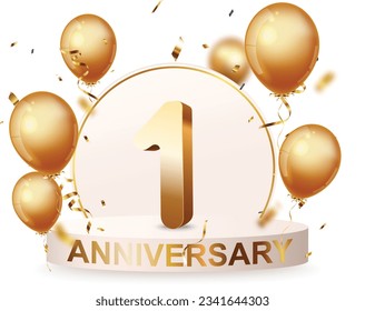 First Anniversary celebration podium background with gold confetti and balloons