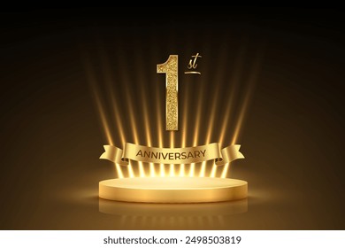 First anniversary gold award podium. 1 year celebration birthday or jubilee golden vector background. Luxury stage with glowing rays, glittering number 1 and ribbon with text anniversary on black.