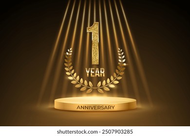 First anniversary gold award podium. 1 year celebration birthday or jubilee golden vector background. Luxury stage with glowing rays, glittering number one and laurel wreath with text anniversary