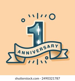 A first anniversary logo on a cream-brown pastel background, designed in a flat style. The celebration features the number with a matching tone vector ribbon and simple background design elements.