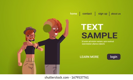 first april fool day guy girl couple wearing funny glasses mustache and clown hat holiday celebration concept horizontal portrait copy space vector illustration