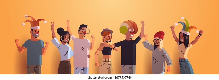 First April Fool Day Mix Race People Wearing Funny Jester Hats Glasses Mustache And Clown Hat Holiday Celebration Concept Men Women Group Standing Together Horizontal Portrait Vector Illustration