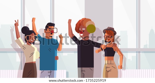 first april fool\
day mix race colleagues wearing funny glasses mustache and clown\
hat holiday celebration concept modern office interior horizontal\
portrait vector\
illustration