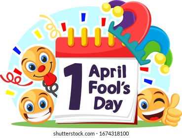 First of April on the calendar with funny smiles and a fools hat. Fools day