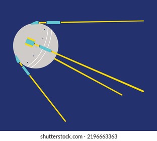 First artificial earth satellite in flat vector line style. Abstract old soviet equipment, science, astronomy, cosmos, world, universe, space, launched into orbit. Isolated illustration sticker, icon.