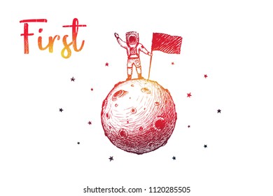 First. The astronaut standing on Mars with a flag. Vector concept illustration, hand drawn sketch.
